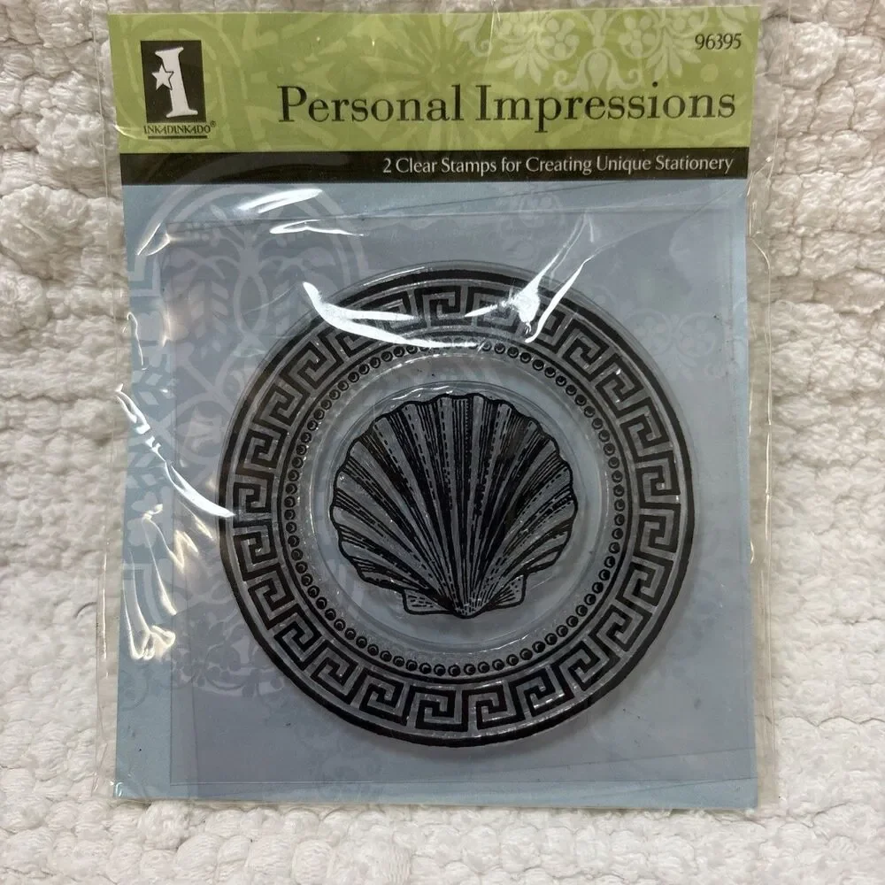Inkadinkado 2 Clear Stamps Seashell & Greek Key Circle Personal Impressions NWOT